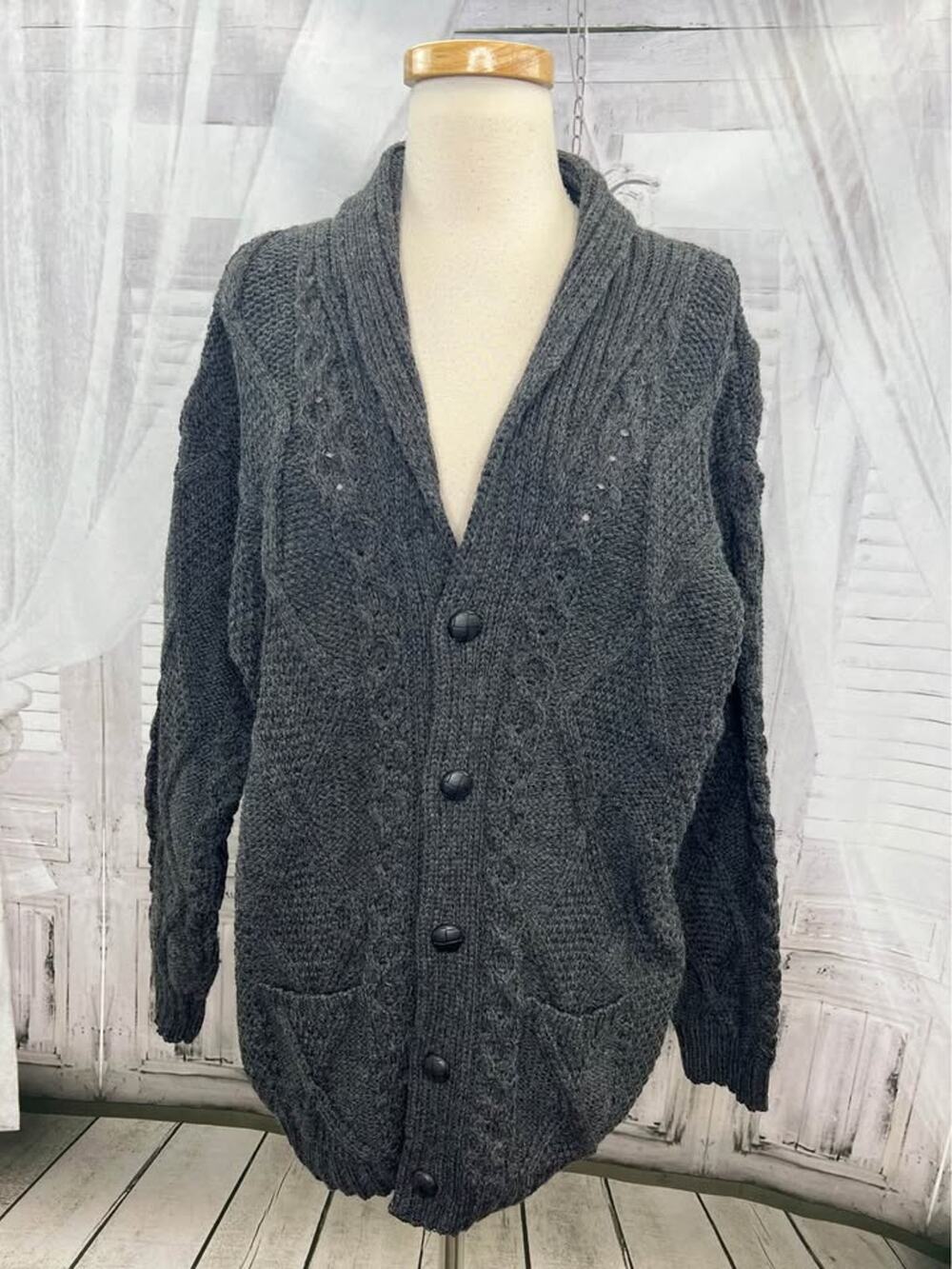 ARAN CRAFTS 100% Merino Wool Classic Mens Cardigan Sweater Grey Size XXL